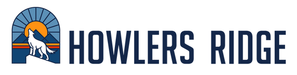 Logo of Howlers Ridge with a wolf silhouette and sunset design.